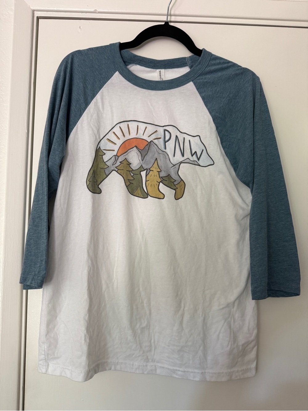 Bella + Canvas White and Teal Raglan Pacific Northwest Bear 3/4 Sleeve Tee